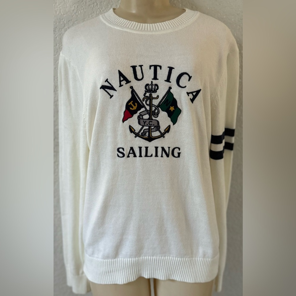 💫 White Nautical embroidered knit sweater top long classic fit